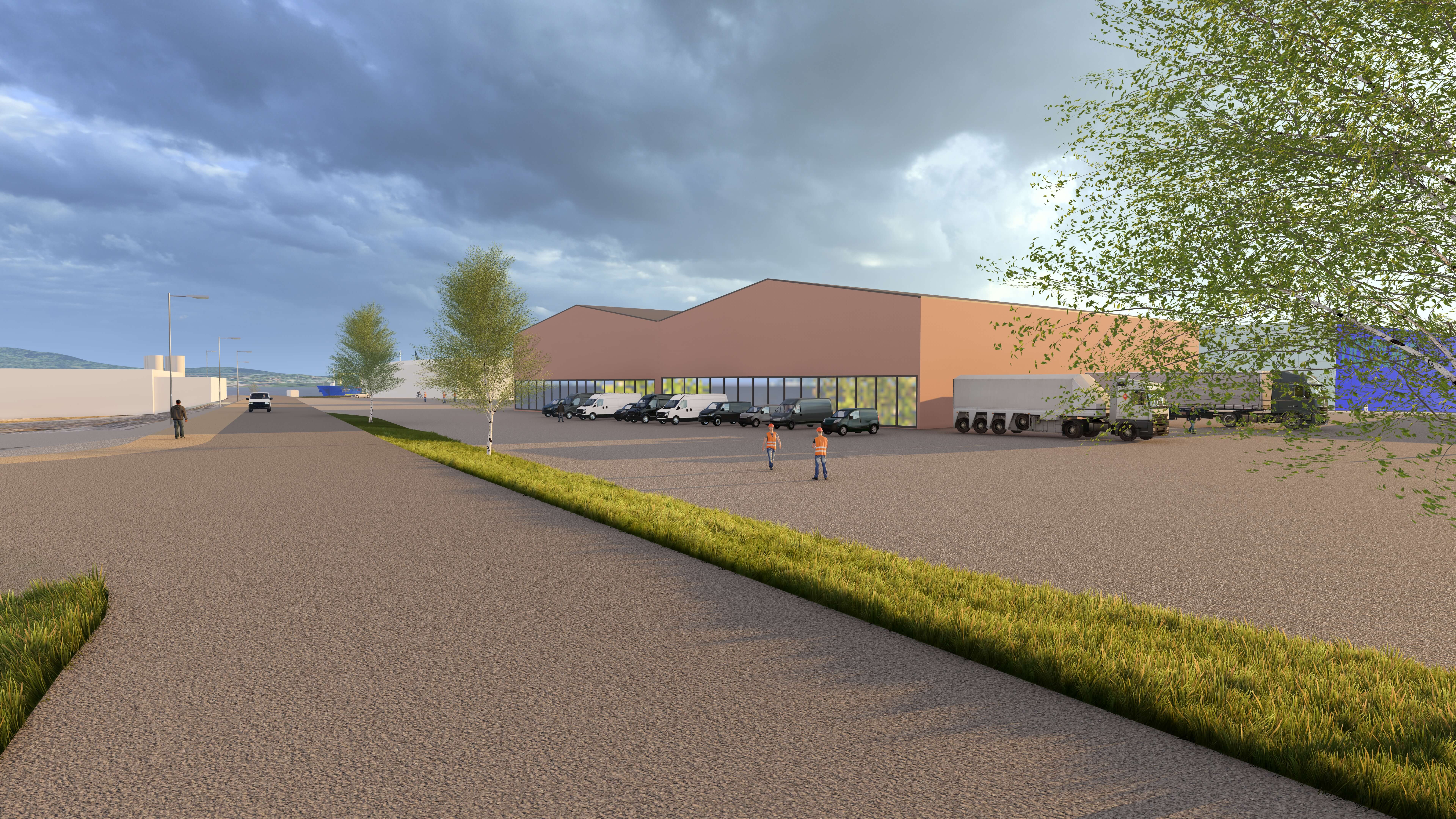 Gateperspektiv Adkomstvei. Visualisering Norconsult AS, illustrasjoner er utarbeidet av Norconsult for Rødskjær Havn og Næringspark