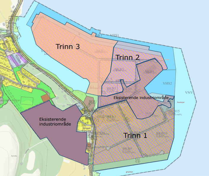 Regulert område og den trinnvise utbyggingen.