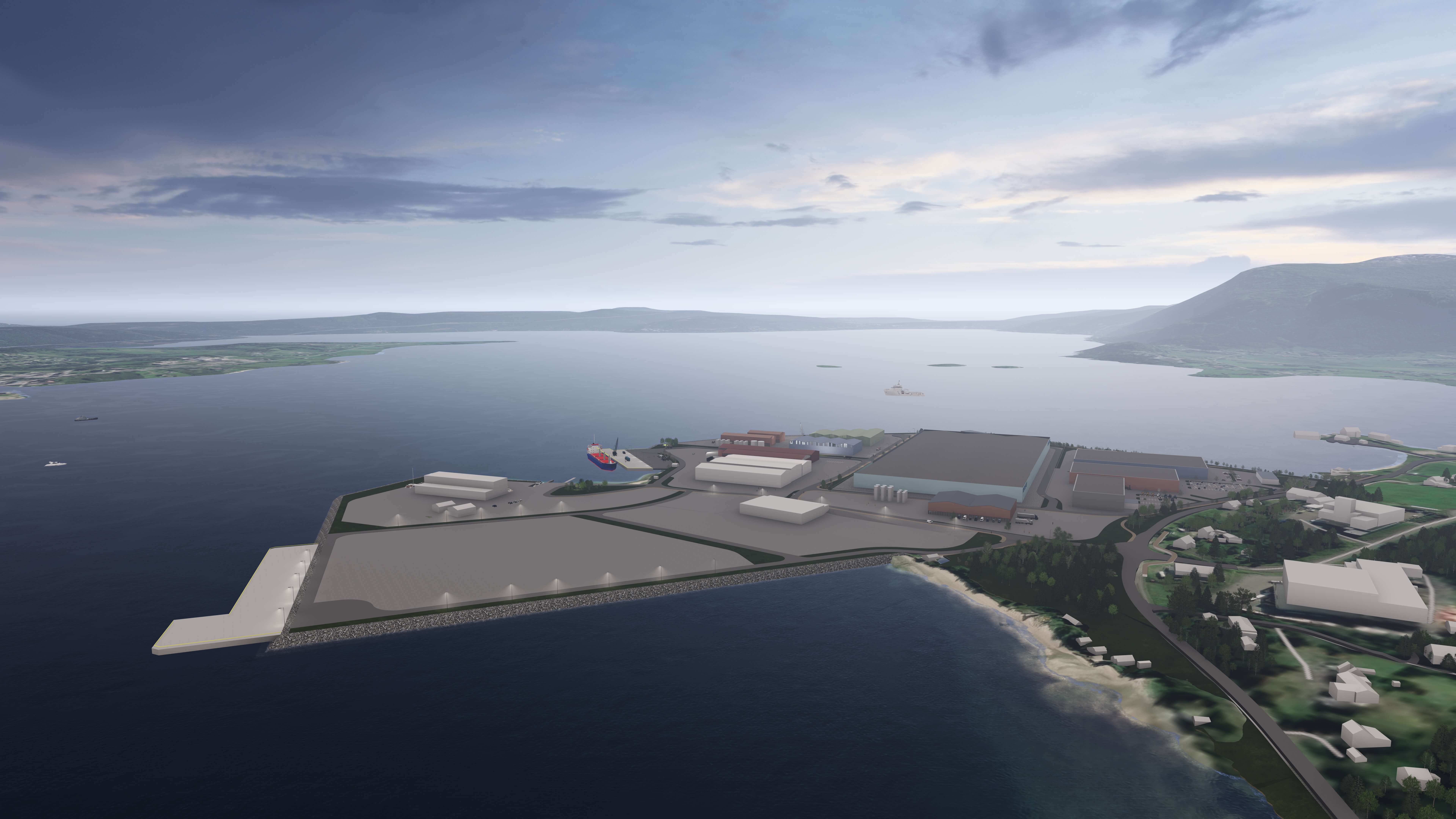 Trinn 1 og 2 fra nord. Visualisering: Norconsult AS illustrasjoner er utarbeidet av Norconsult for Rødskjær Havn og Næringspark